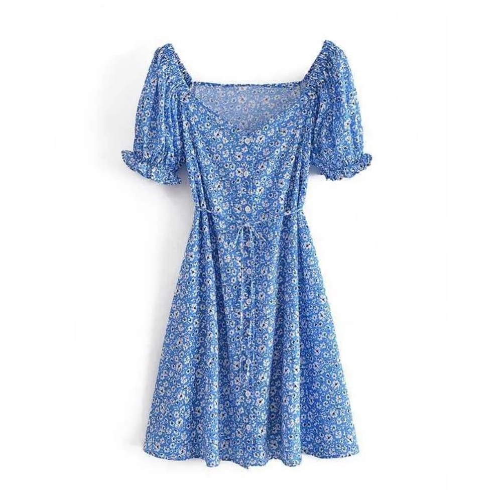 MANGO MNG Blue Floral Button Up Mini Dress